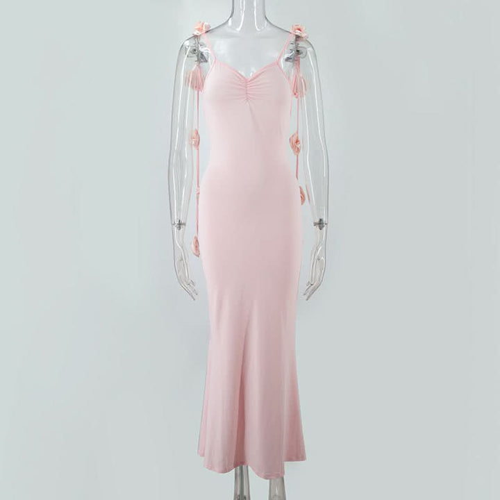 Ruched flower applique v neck cami maxi dress  | Festival Outfits Women