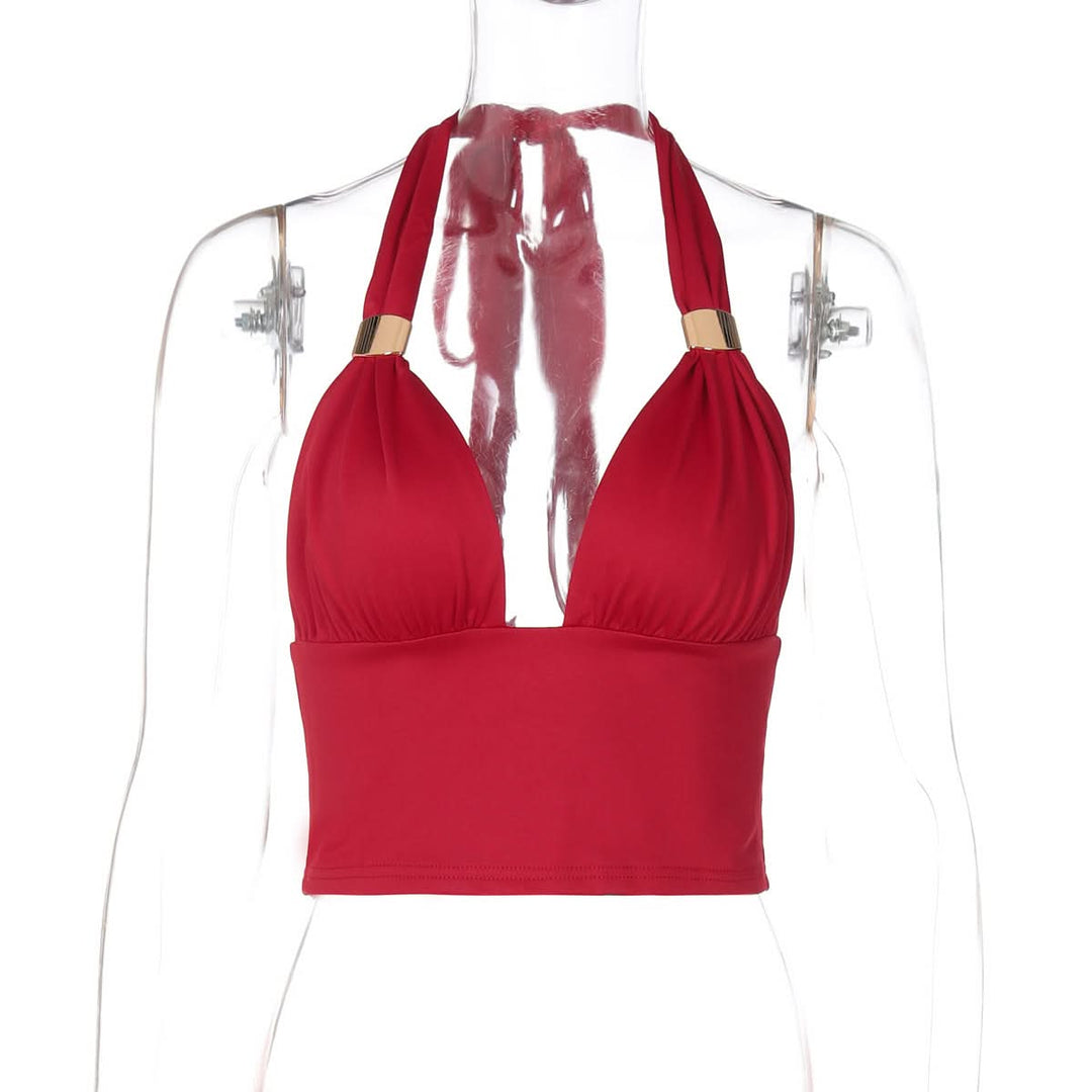 Ruched halter self tie v neck backless top  | Festival Outfits Women-final-sale