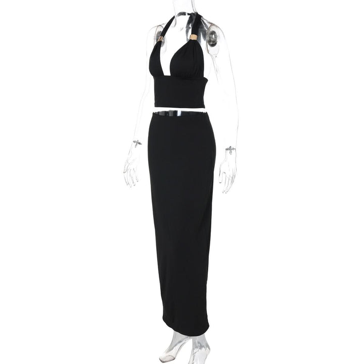 Ruched halter self tie v neck maxi skirt set  | Festival Outfits Women