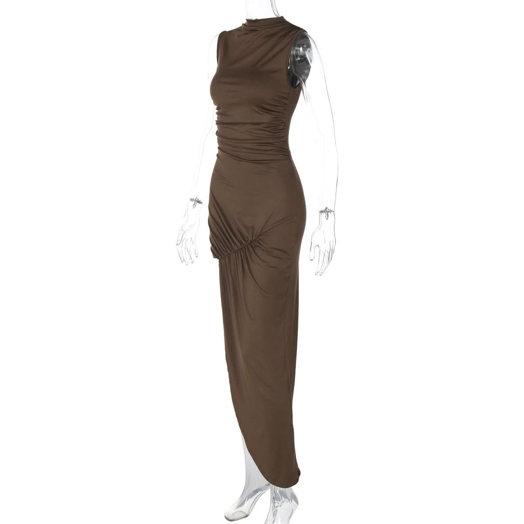 Irregular ruched zip-up crewneck slit midi dress  | Festival Outfits Women-final-sale