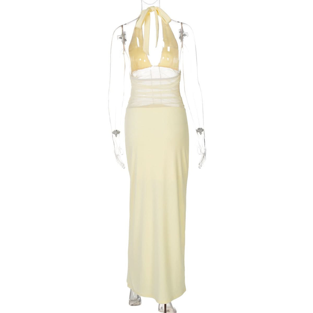 Halter self tie v neck ruched mesh maxi dress  | Festival Outfits Women