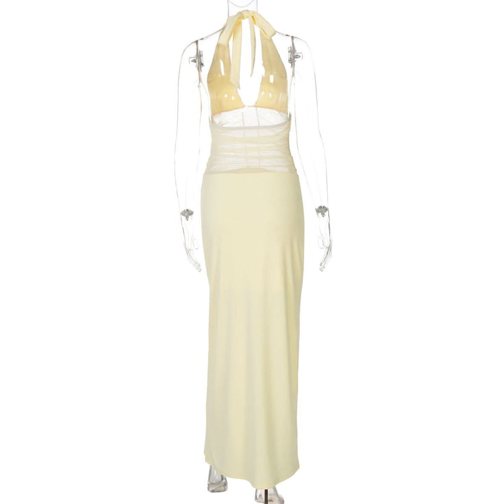 Halter self tie v neck ruched mesh maxi dress  | Festival Outfits Women