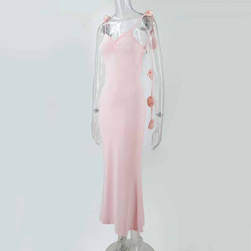 Ruched flower applique v neck cami maxi dress  | Festival Outfits Women