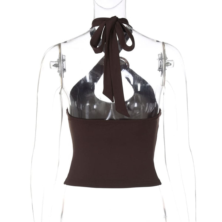 Hollow out halter self tie solid backless cut out top  | Festival Outfits Women