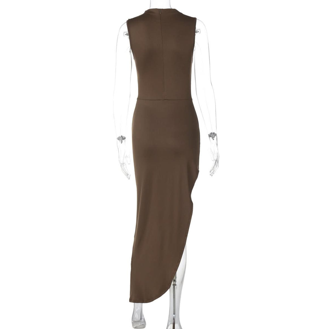 Irregular ruched zip-up crewneck slit midi dress  | Festival Outfits Women-final-sale