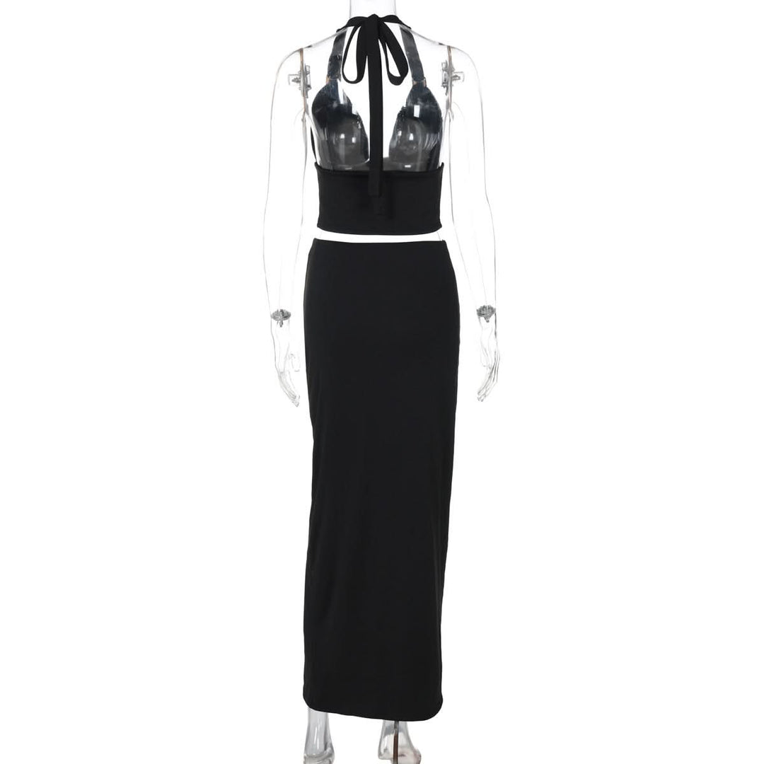 Ruched halter self tie v neck maxi skirt set  | Festival Outfits Women