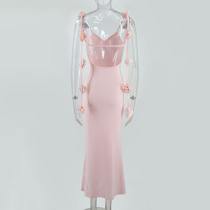 Ruched flower applique v neck cami maxi dress  | Festival Outfits Women