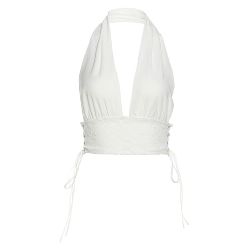 Halter self tie lace v neck backless top  | Festival Outfits Women