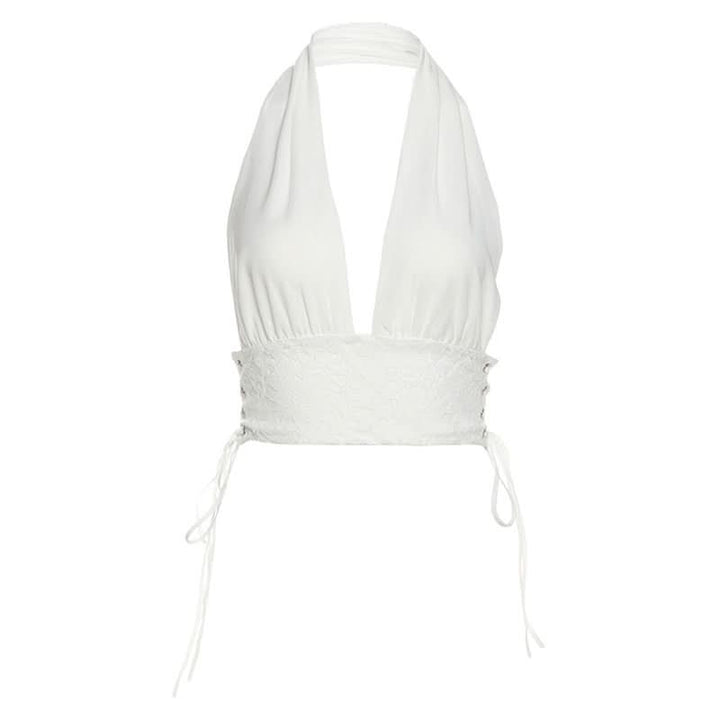Halter self tie lace v neck backless top  | Festival Outfits Women