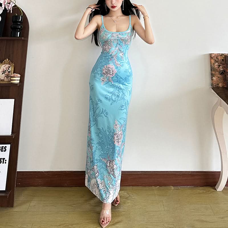 Flower print u neck backless cami maxi dress  | Festival Outfits Women-final-sale