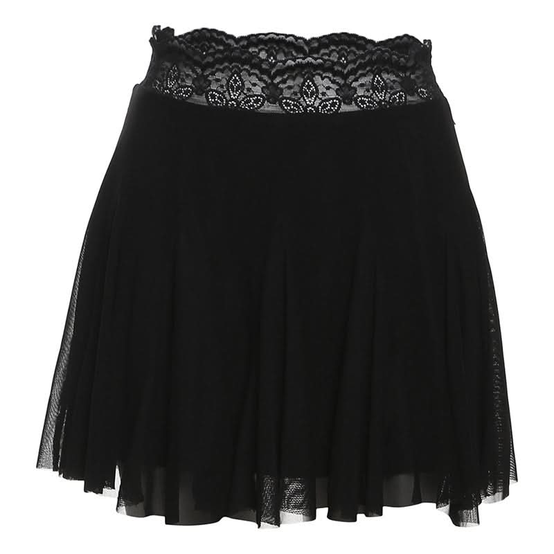 Lace hem A line mesh solid mini skirt  | Festival Outfits Women-final-sale