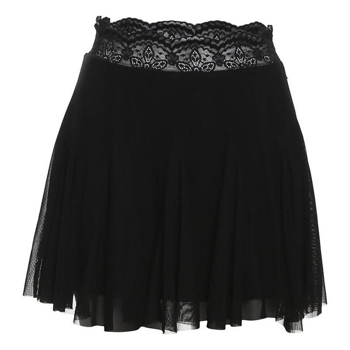 Lace hem A line mesh solid mini skirt  | Festival Outfits Women-final-sale