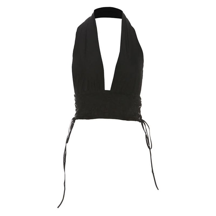 Halter self tie lace v neck backless top  | Festival Outfits Women