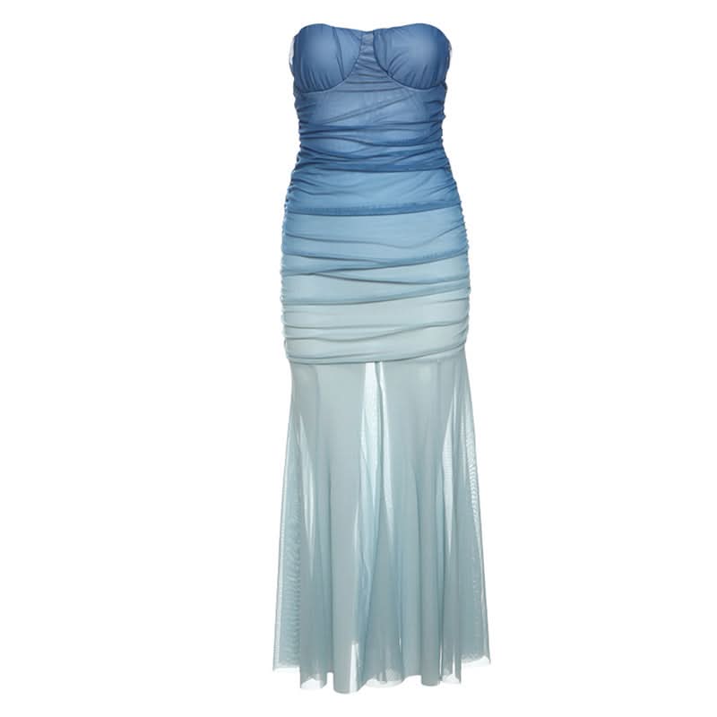 Gradient ruched mesh tube midi dress  | Festival Outfits Women