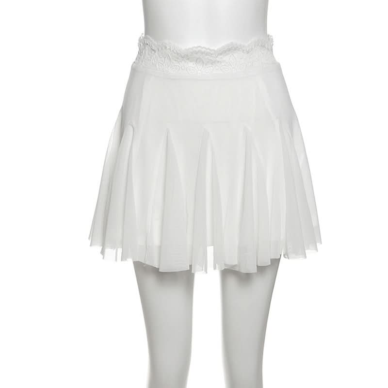 Lace hem A line mesh solid mini skirt  | Festival Outfits Women-final-sale