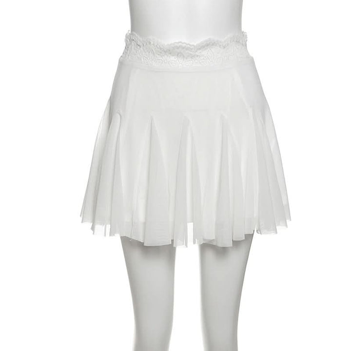Lace hem A line mesh solid mini skirt  | Festival Outfits Women-final-sale