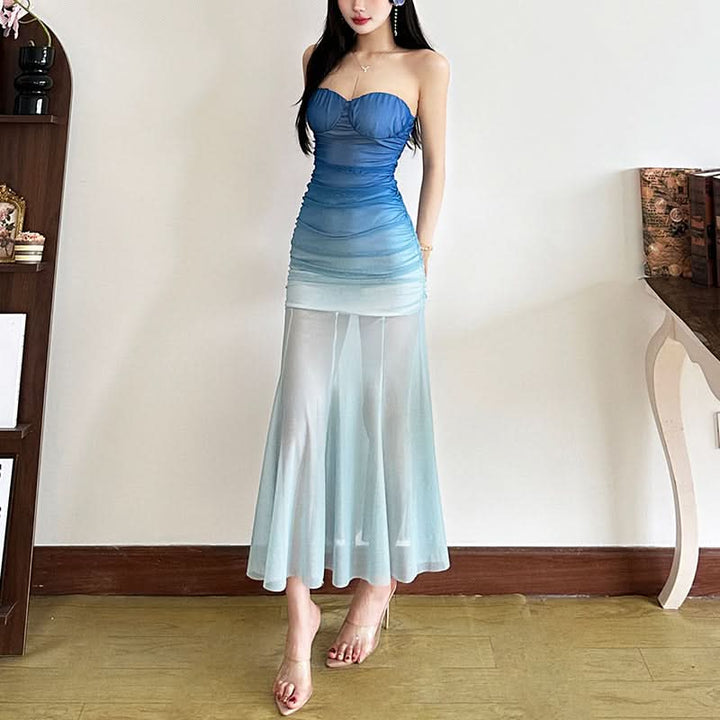 Gradient ruched mesh tube midi dress  | Festival Outfits Women