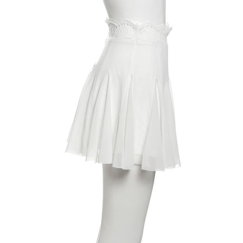 Lace hem A line mesh solid mini skirt  | Festival Outfits Women-final-sale