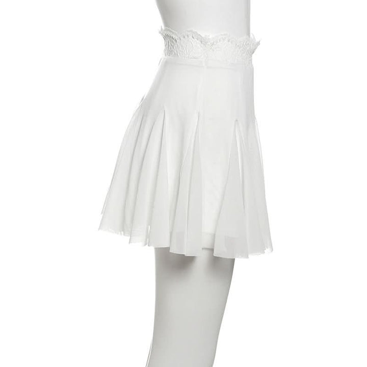Lace hem A line mesh solid mini skirt  | Festival Outfits Women-final-sale