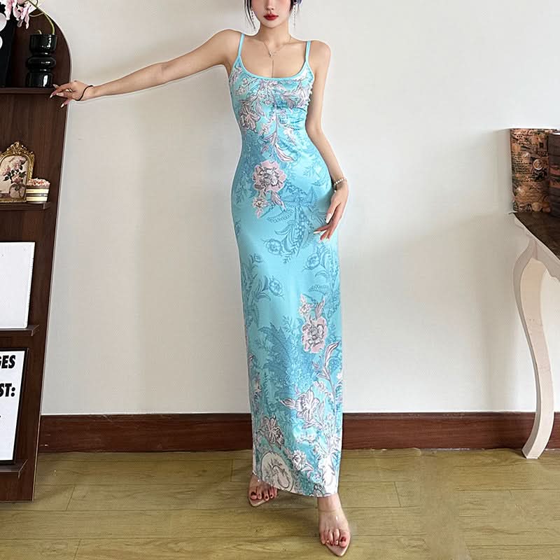 Flower print u neck backless cami maxi dress  | Festival Outfits Women-final-sale