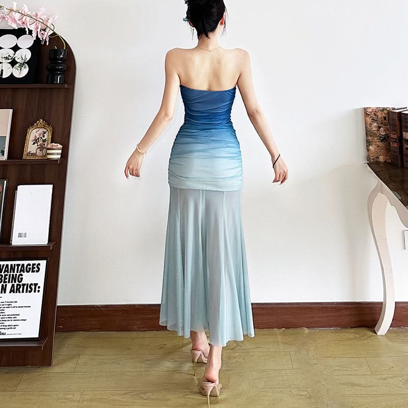 Gradient ruched mesh tube midi dress  | Festival Outfits Women