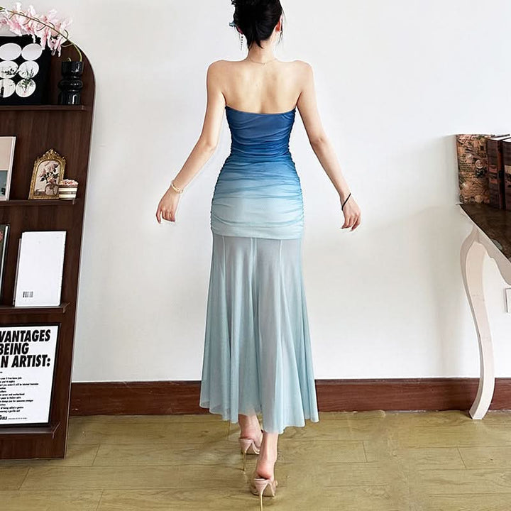 Gradient ruched mesh tube midi dress  | Festival Outfits Women
