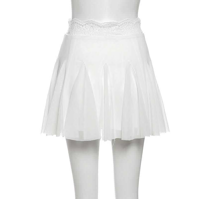 Lace hem A line mesh solid mini skirt  | Festival Outfits Women-final-sale