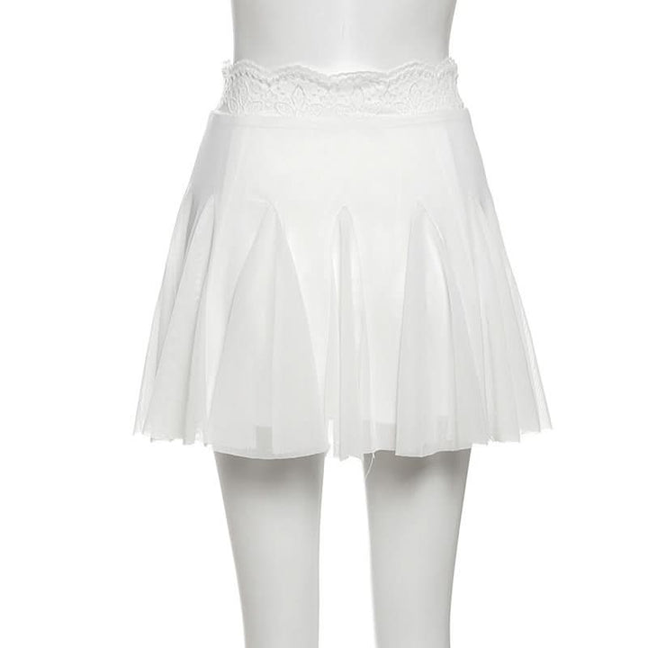 Lace hem A line mesh solid mini skirt  | Festival Outfits Women-final-sale