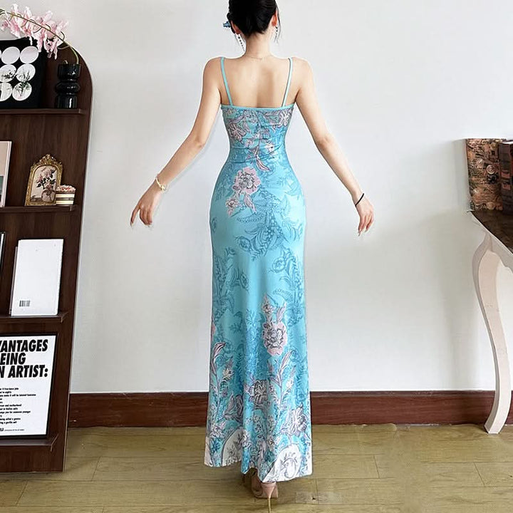 Flower print u neck backless cami maxi dress  | Festival Outfits Women-final-sale