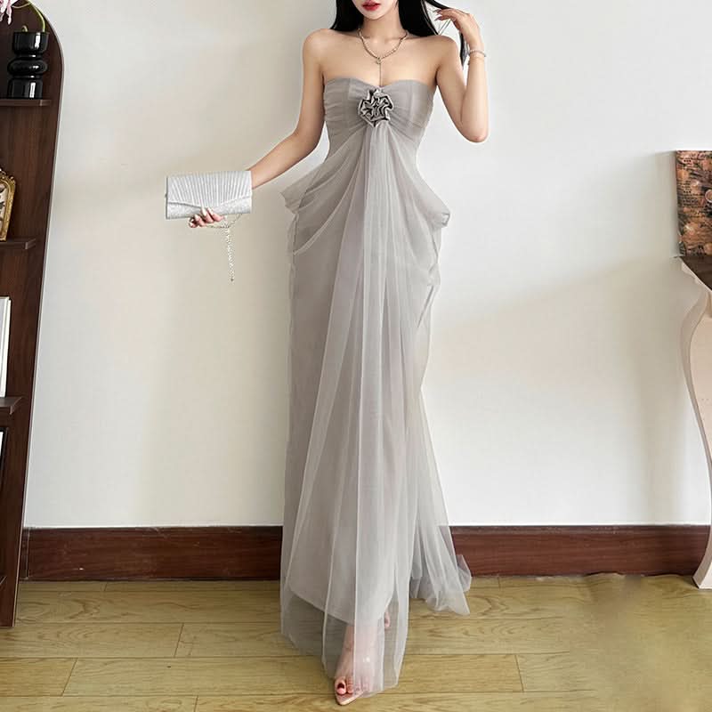 Ruched flower applique mesh tube maxi dress  | Festival Outfits Women