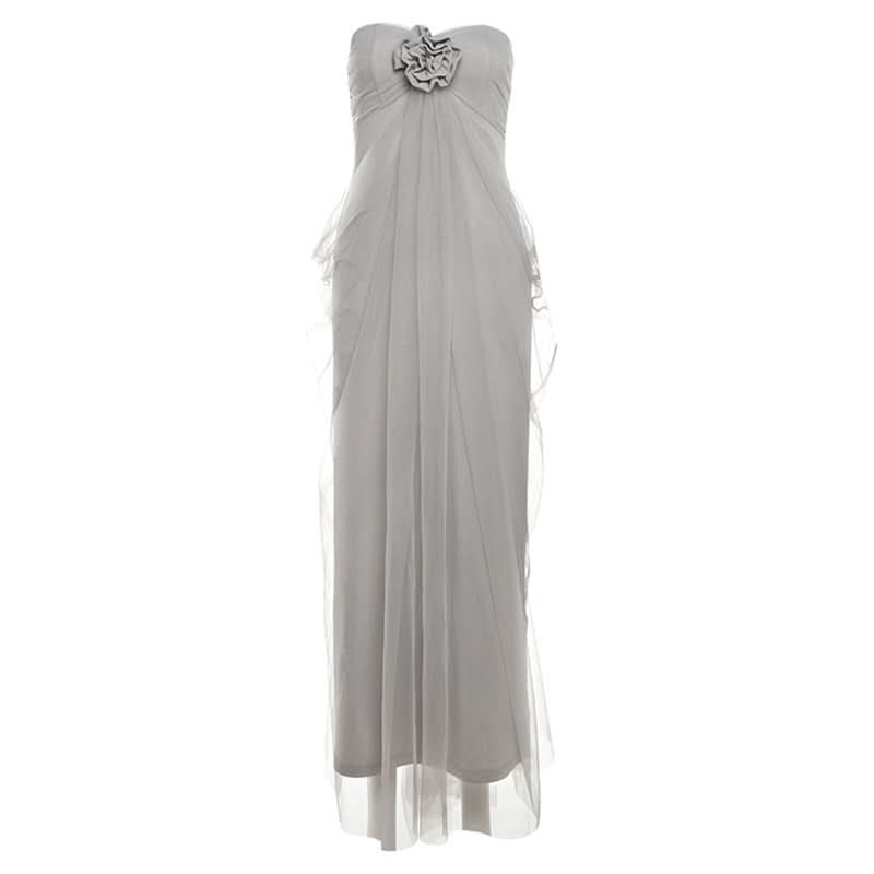Ruched flower applique mesh tube maxi dress  | Festival Outfits Women
