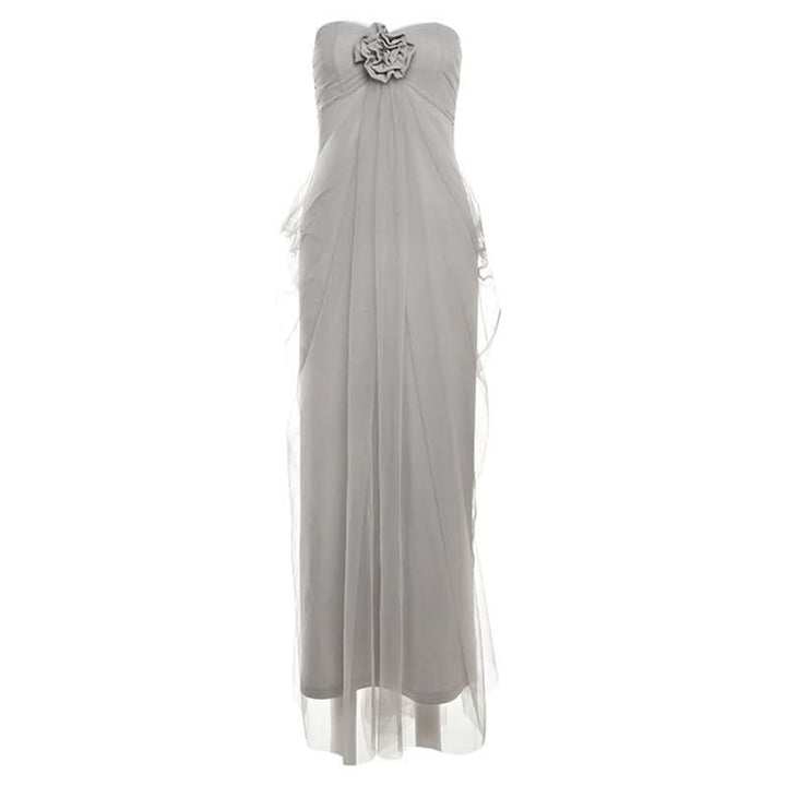 Ruched flower applique mesh tube maxi dress  | Festival Outfits Women