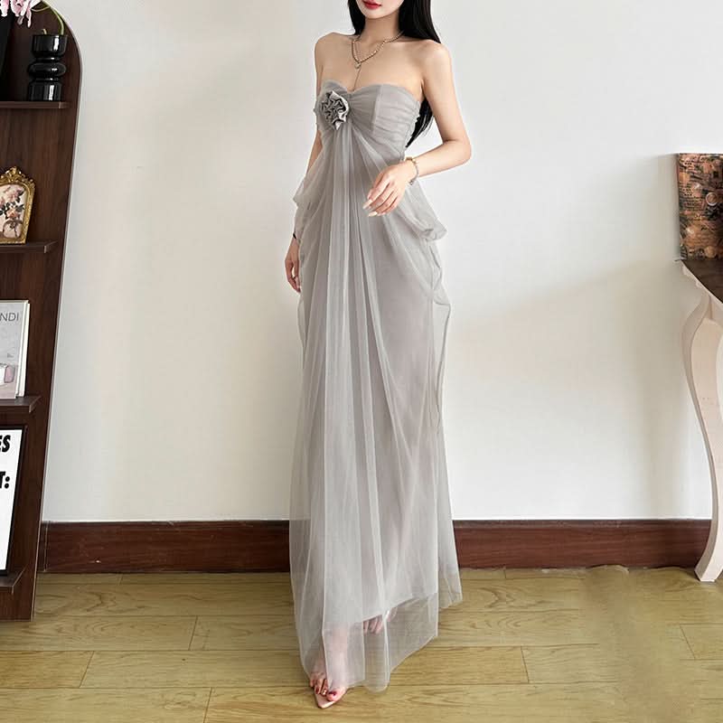 Ruched flower applique mesh tube maxi dress  | Festival Outfits Women