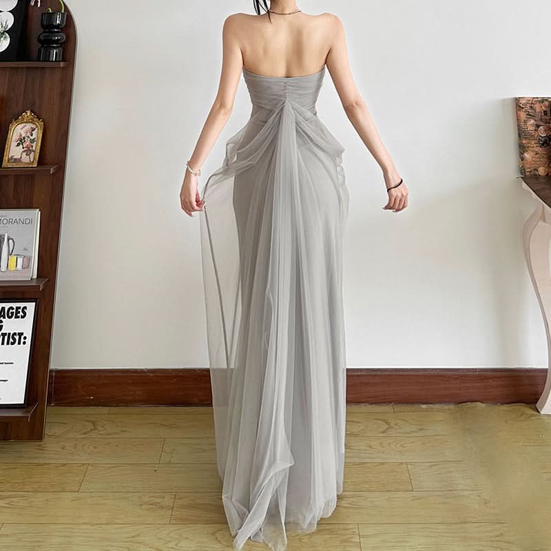 Ruched flower applique mesh tube maxi dress  | Festival Outfits Women