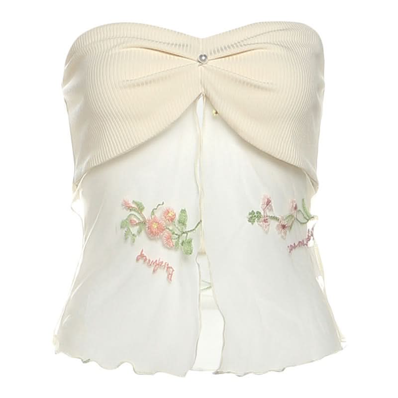 Beaded ruched mesh embroidery tube top  | Festival Outfits Women