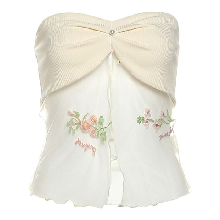 Beaded ruched mesh embroidery tube top  | Festival Outfits Women