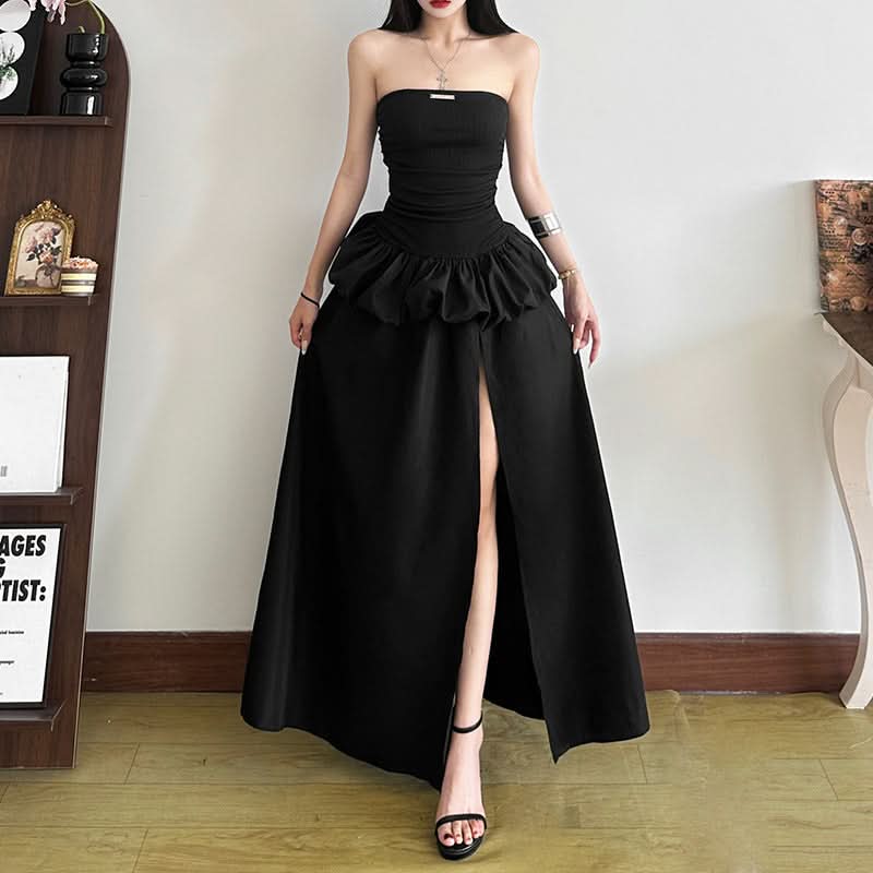 Metal tag ruched slit solid tube maxi dress  | Festival Outfits Women