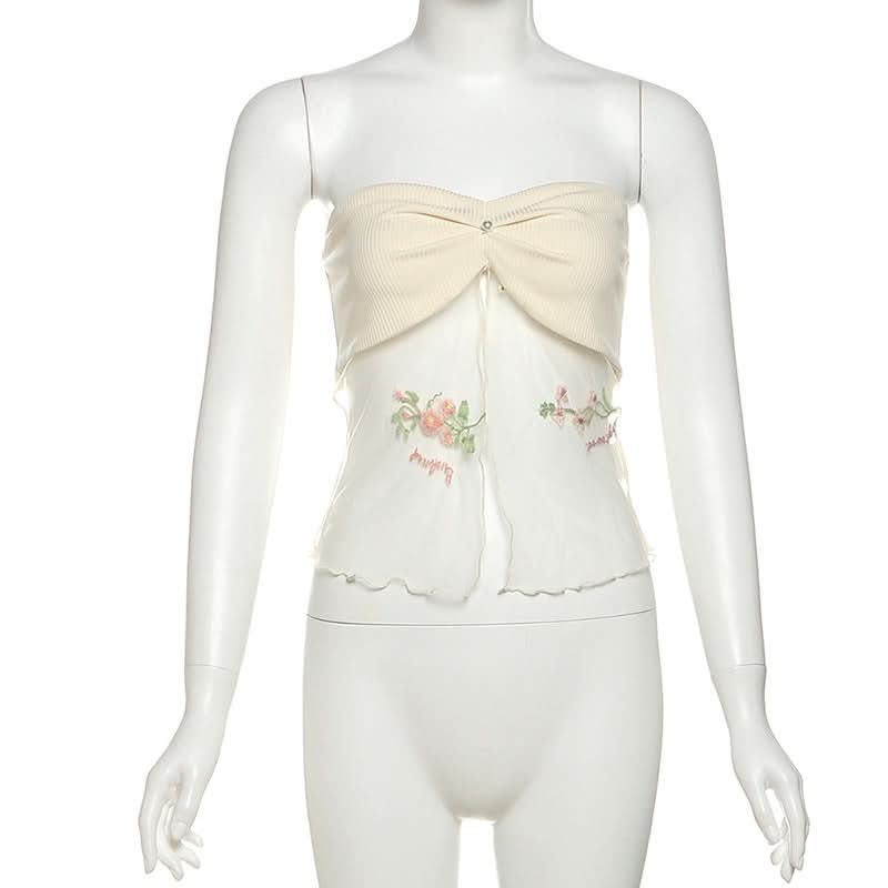 Beaded ruched mesh embroidery tube top  | Festival Outfits Women