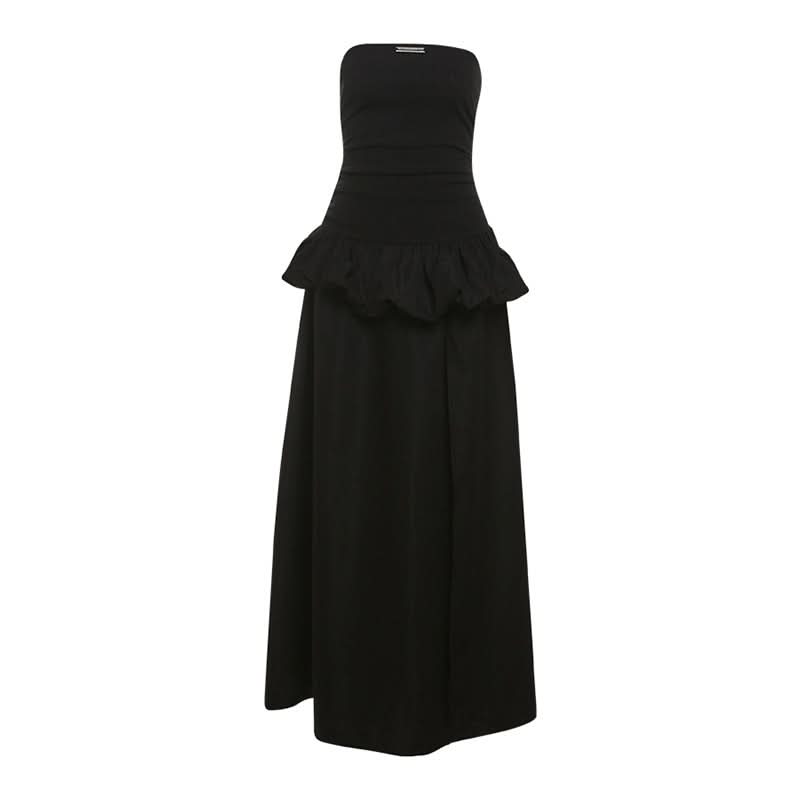 Metal tag ruched slit solid tube maxi dress  | Festival Outfits Women
