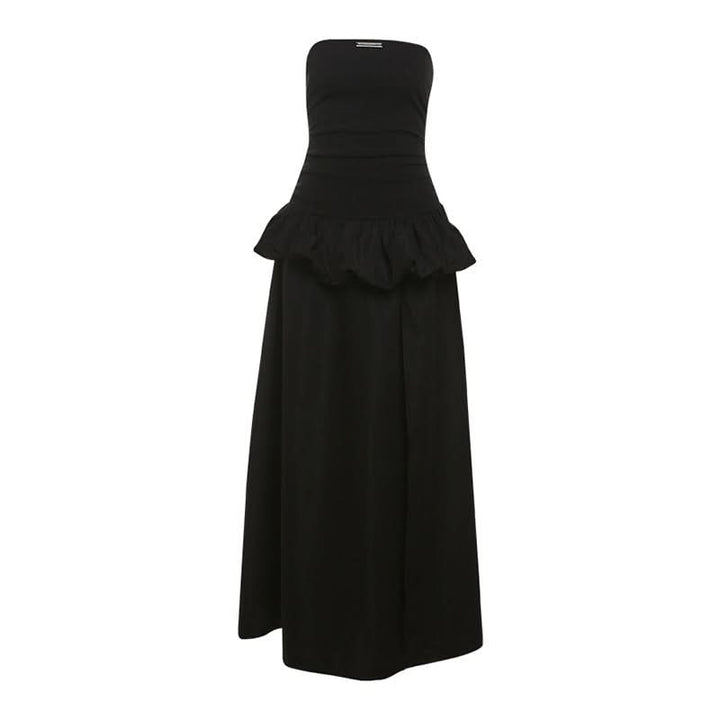 Metal tag ruched slit solid tube maxi dress  | Festival Outfits Women