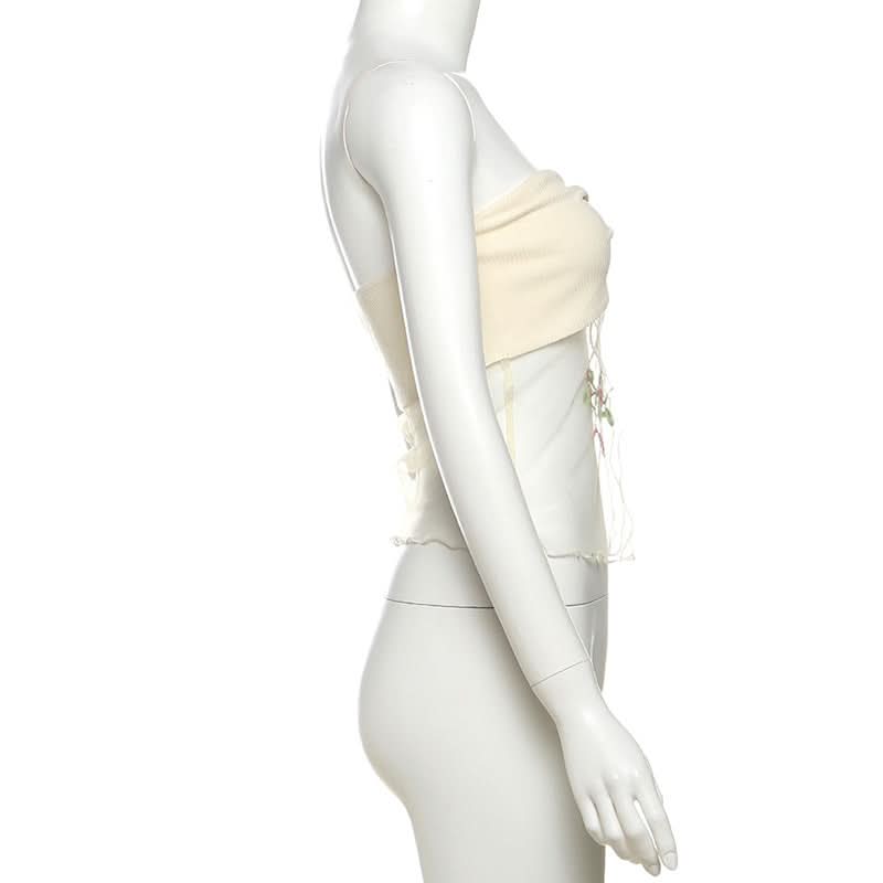 Beaded ruched mesh embroidery tube top  | Festival Outfits Women