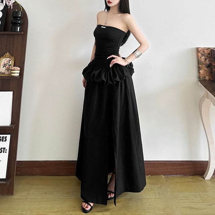 Metal tag ruched slit solid tube maxi dress  | Festival Outfits Women