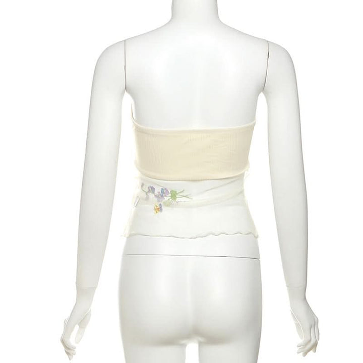 Beaded ruched mesh embroidery tube top  | Festival Outfits Women