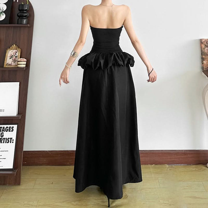 Metal tag ruched slit solid tube maxi dress  | Festival Outfits Women