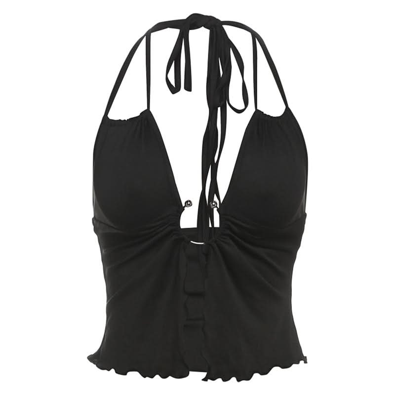 Hollow out ruffle halter self tie crop cut out top  | Festival Outfits Women-final-sale