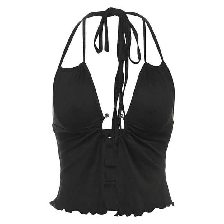 Hollow out ruffle halter self tie crop cut out top  | Festival Outfits Women-final-sale