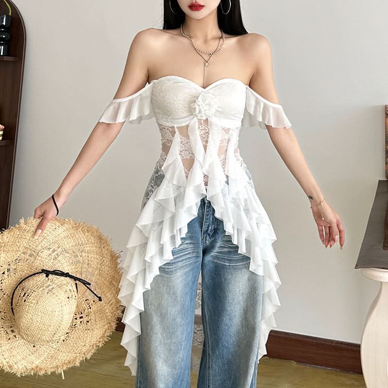 Ruffle flower applique lace v neck top  | Festival Outfits Women-final-sale