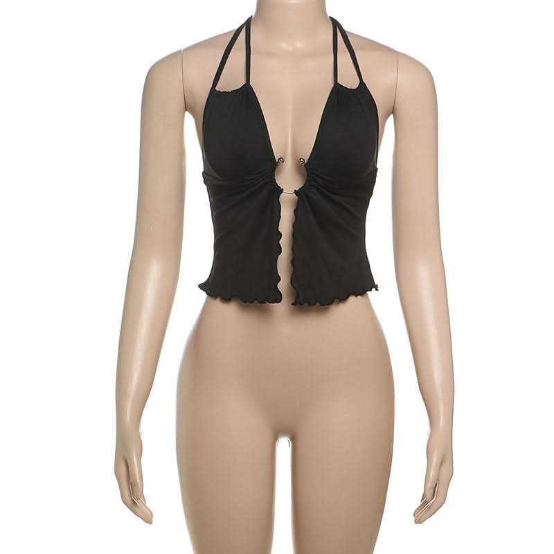 Hollow out ruffle halter self tie crop cut out top  | Festival Outfits Women-final-sale
