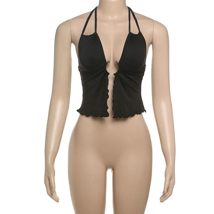 Hollow out ruffle halter self tie crop cut out top  | Festival Outfits Women-final-sale