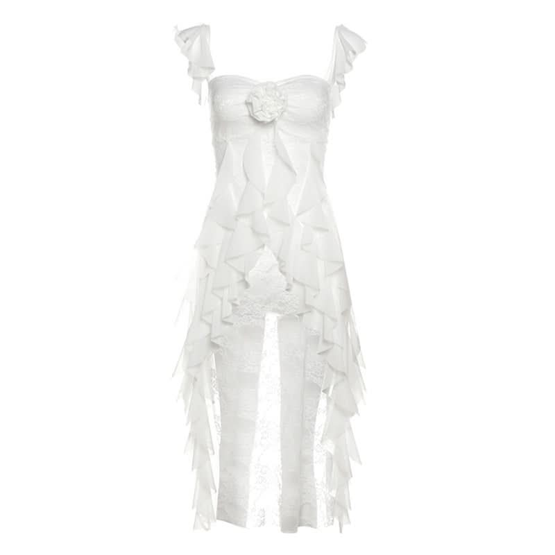 Ruffle flower applique lace v neck top  | Festival Outfits Women-final-sale